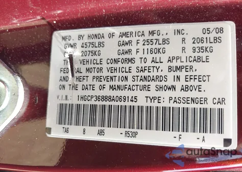 2008 Honda Accord 3.5 Ex-L from USA, damaged, VIN 1HGCP36888A069145